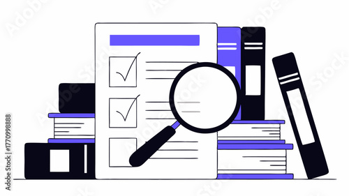 A magnifying glass focusing on a document with a business plan amidst stacks of resources symbolizing the importance of planning and research in economic development initiatives.