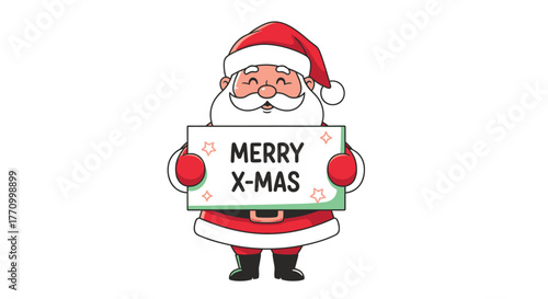 Santa Claus holds a sign that says Merry X-Mas