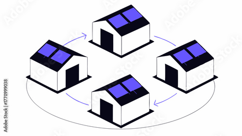 A community of modular homes arranged in a circular layout emphasizing sustainable living with shared green spaces and communal areas.