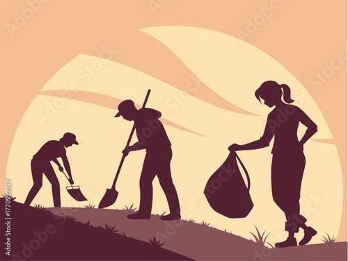 A silhouette of volunteers against a sunset holding tools and trash bags symbolizing dedication and care for the environment as the day comes to a close.