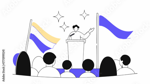 An organizer stands at a microphone rallying the crowd with enthusiasm before the charity walk begins with a sea of colorful banners fluttering in the gentle breeze.