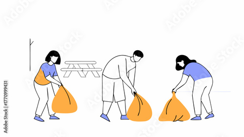 A group of friends engaged in a cleanup effort picking up litter and debris from the park with trash bags filling up and a picnic area in the background.