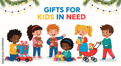 Children playing and smiling with toys in festive environment, Gifts for Kids in Need, white background, vector  