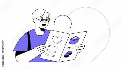 A smiling elderly man with a checklist choosing meals from a home delivery catalog surrounded by hearthealthy symbols and guidance on portion control.