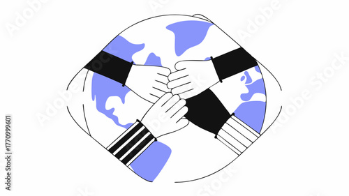 A globe made up of interlocking hands of various colors demonstrating global solidarity and the interconnectedness of diverse cultures around the world.