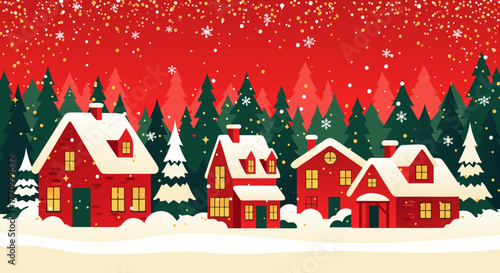 Winter village with red houses covered in snow and pine trees, copy space, bakground, poster, banner  