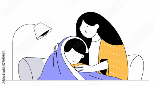 A heartwarming scene of a foster parent wrapping a child in a cozy blanket after a difficult day signifying comfort and care during challenging times.