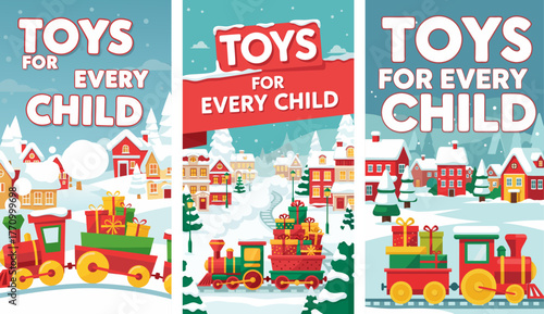 Colorful winter scene featuring a train and toys for every child,  kids charity ad, vertical format, vector, set    