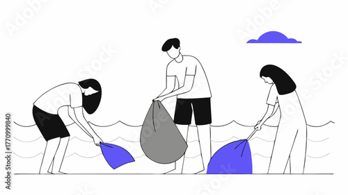 A group of adults cleaning up a beach collecting litter in large bags surrounded by sandy shores and waves depicting a dedication to ocean conservation.