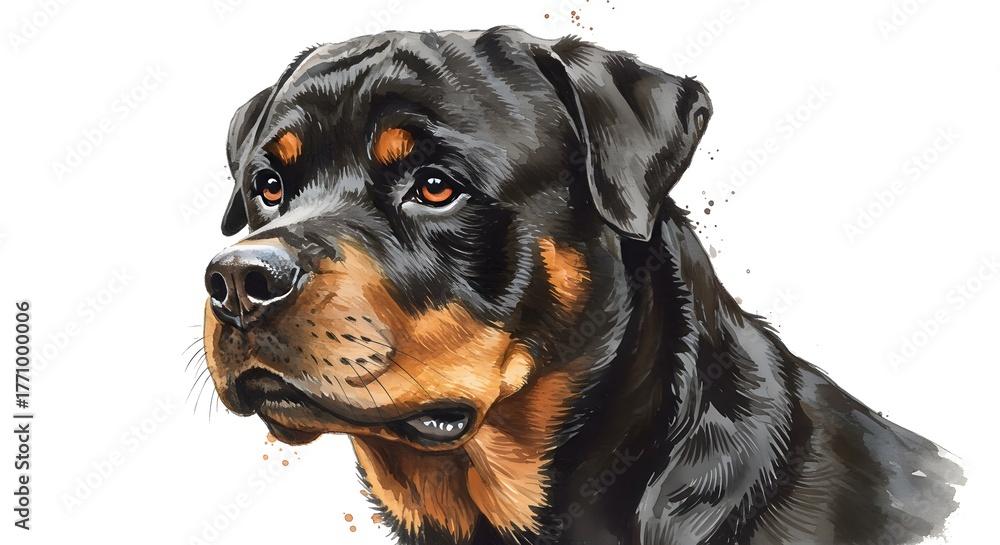 Obraz premium Stunning watercolor portrait captures the noble gaze and powerful presence of a Rottweiler dog with expressive amber eyes and rich, detailed fur.