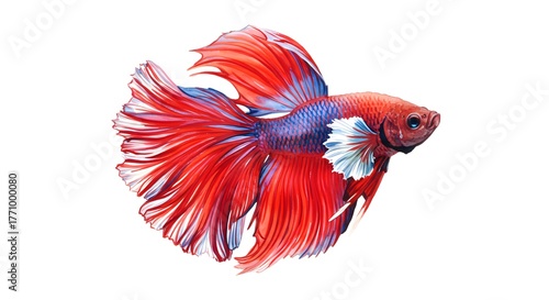 Vibrant Siamese fighting fish with flowing fins displaying brilliant red, blue, and white scales, a stunning aquatic creature captured in exquisite detail.