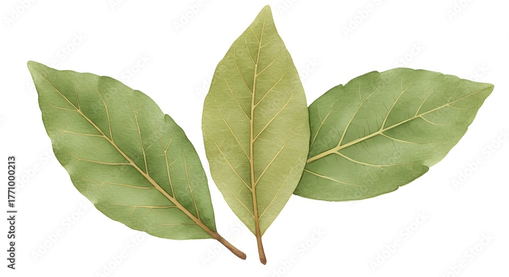 Naklejka premium Fresh green bay leaves, a natural culinary herb essential for delicious cooking and aromatic seasoning, perfect for food blogs and recipes.