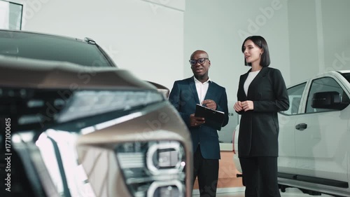 African American man in a suit discussing car features with a woman in a stylish outfit at a modern dealership, showcasing the car buying experience and customer service