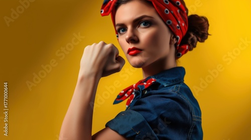 Strong powerful woman. Woman's day banner. We Can Do It. Cool picture of iconic woman s fist symbol of female power,