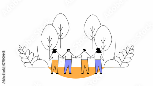 An illustration of a diverse team participating in a nature walk forming a supportive circle while discussing wellness with trees and nature highlighting the importance of