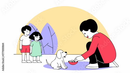 A playful illustration of a young child and a puppy sharing a moment the child crouched down offering treats while other stray animals watch from a distance capturing the bond