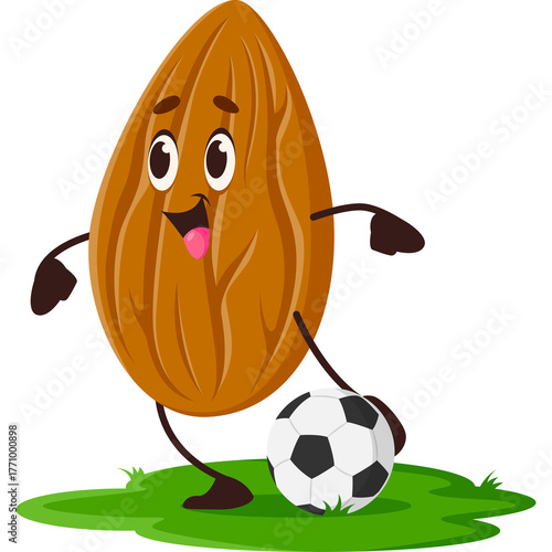 A Brown Almond Character With Eyes And Mouth Kicking A Black And White Soccer Ball On Green Grass With A Transparent Background