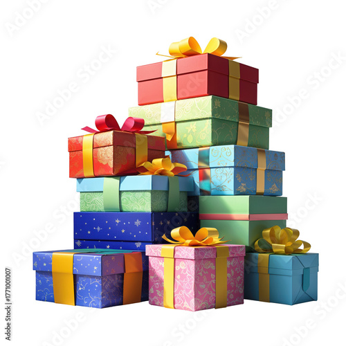 A tall stack of colorful gift boxes with ribbons isolated on transparent background