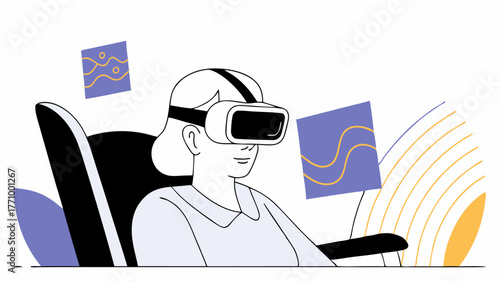 An elderly woman engaged in virtual reality wearing a VR headset and experiencing a digital environment showcasing the exploration of immersive technologies.