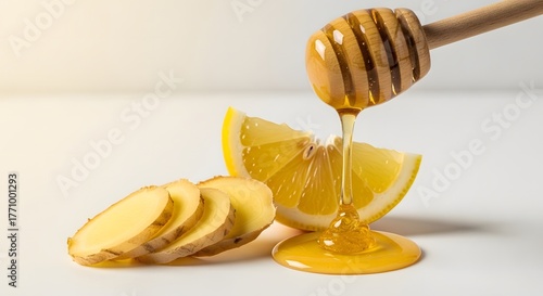 Honey dripping from wooden spoon onto sliced lemon and ginger  