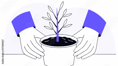 A closeup of hands planting a small tree in a biodegradable pot emphasizing the connection between sustainability and urban greenery as part of environmental restoration efforts.