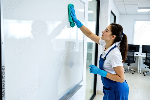Professional female cleaner in a blue uniform and gloves wiping down a whiteboard in a modern office. Janitorial staff providing commercial cleaning services for a corporate workplace