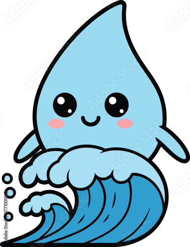 Cute cartoon water drop character riding a wave Keywords: water drop, kawaii, cute, wave, ocean, sea