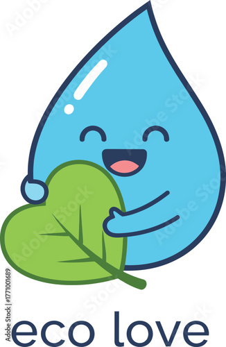 Cute Water Drop Hugging a Green Leaf with Text Keywords: water, drop, cute, cartoon, character, leaf