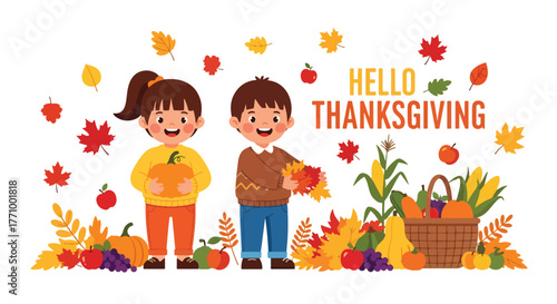 Adobe illustrator artwork vector illustration. Two happy kids with pumpkins and autumn harvest, celebrating "Hello Thanksgiving" amidst falling leaves