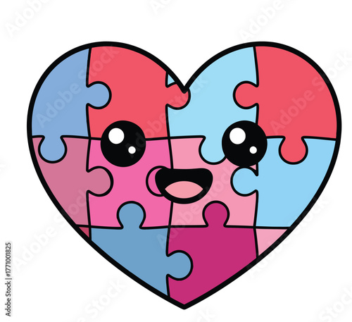 Heart Shaped Puzzle With Cute Kawaii Face On White Background jigsaw pieces