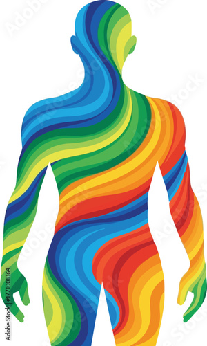 Human silhouette filled with vibrant swirling rainbow colors on white background body figure