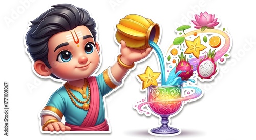 3D Hindu sticker style cartoon with an animated bartender preparing a colorful cocktail with floating fruits...(1)