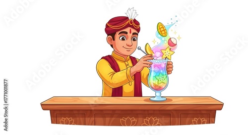 3D Hindu sticker style cartoon with an animated bartender preparing a colorful cocktail with floating fruits...(2)