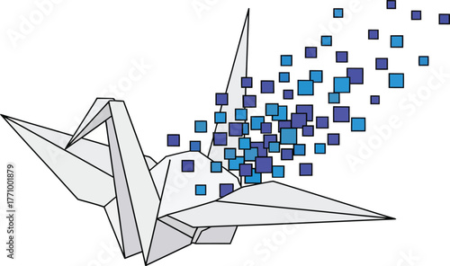 Origami Crane Dissolving into Blue Squares on White Background bird paper