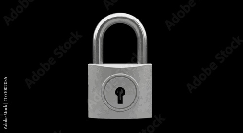A close up of a metal padlock with a keyhole centered on a black background in a well lit environment