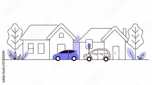 A picturesque scene of homes equipped with electric vehicle charging stations showcasing ecofriendly vehicles parked alongside landscaped front yards with native flora.