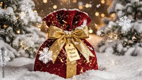 Gift bag in snow with a golden bow and happy new year tag holiday greetings season celebration