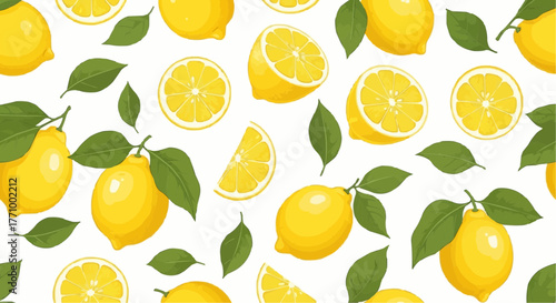 Seamless pattern of lemons with leaves on a white background featuring whole and sliced citrus fruits