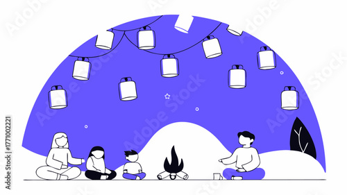 A night scene of illuminated lanterns and bonfires at a festival where families gather to share stories enjoy food and participate in games under a starlit sky.