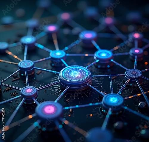 A three-dimensional network of interconnected nodes and particles that resembles artificial neural networks.