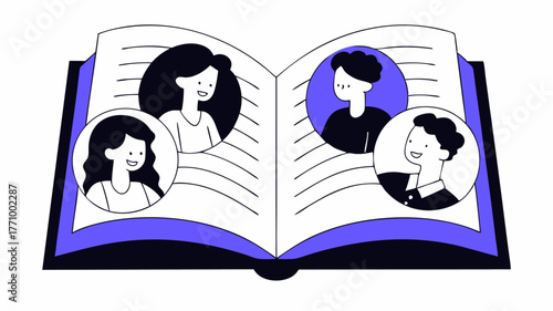 An open book with pages filled with illustrations of diverse individuals engaging in mentorship activities representing knowledge sharing learning and personal development.