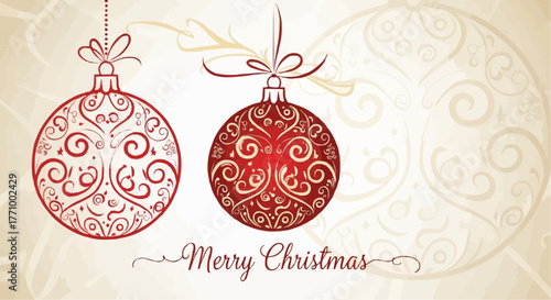 Elegant christmas card featuring two red ornate christmas ornaments and merry christmas text design