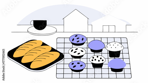 An assortment of freshly baked goods on a cooling rack including cookies muffins and bread ready to be shared with the neighborhood showcasing homely warmth.