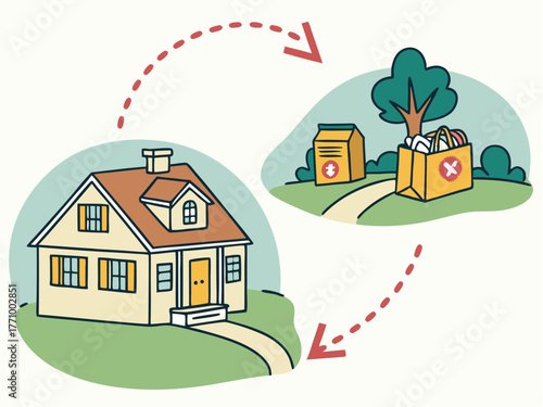 An illustrated map with arrows showing a journey from a home with excess items to a local charity representing the donation process.