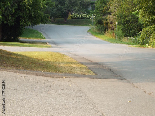 A tree-lined residential street corner in a suburban or mixed-use area