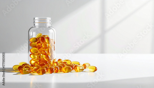 Omega 3 Capsules and White Bottle