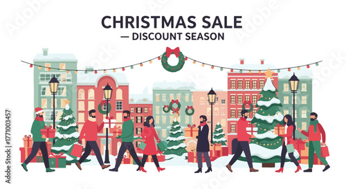 Adobe illustrator artwork vector illustration. People shopping on a festive street for Christmas sale, featuring snowy city and discount season banner