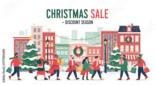 Adobe illustrator artwork vector illustration. People shopping on a festive street for Christmas sale, featuring snowy city and discount season banner