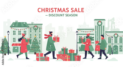 Adobe illustrator artwork vector illustration. People shopping on a festive street for Christmas sale, featuring snowy city and discount season banner