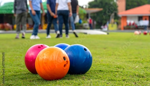 Close-up of colorful bowling balls on lush green grass with blurred people in background